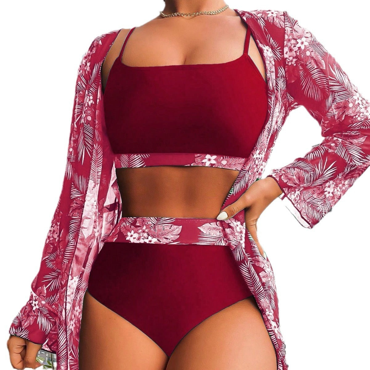 Maple Leaf Conservative Printed Long Sleeve Stitching Three-piece Split Swimsuit