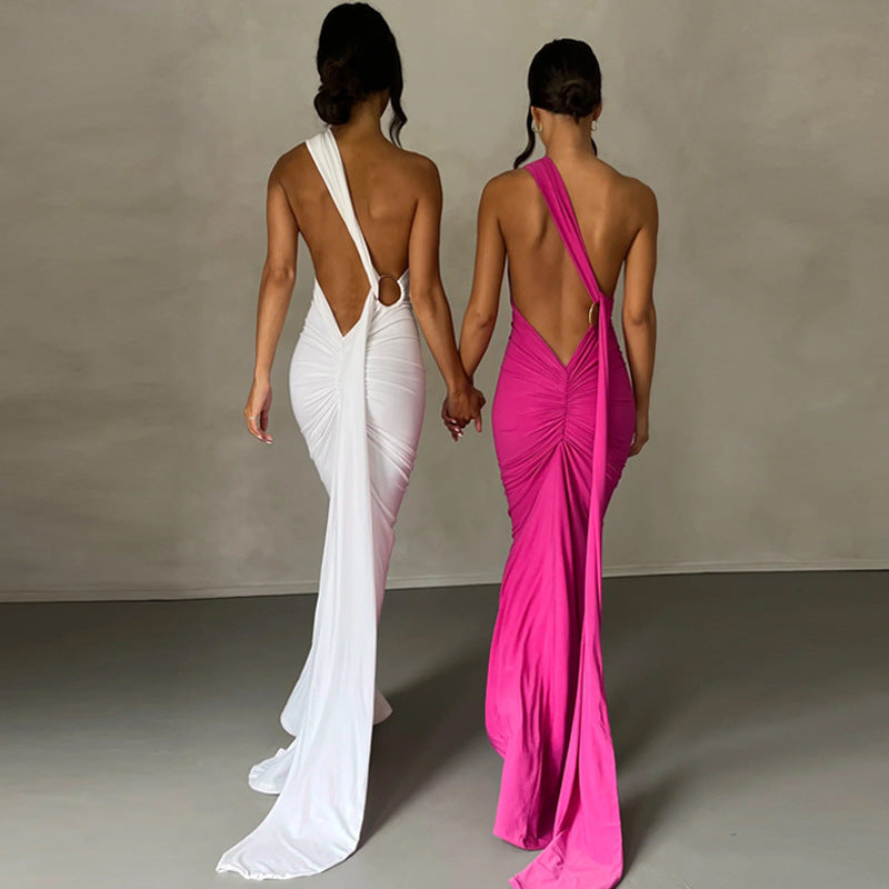 Sexy Backless Pleated Slim-fit Solid Color Dress