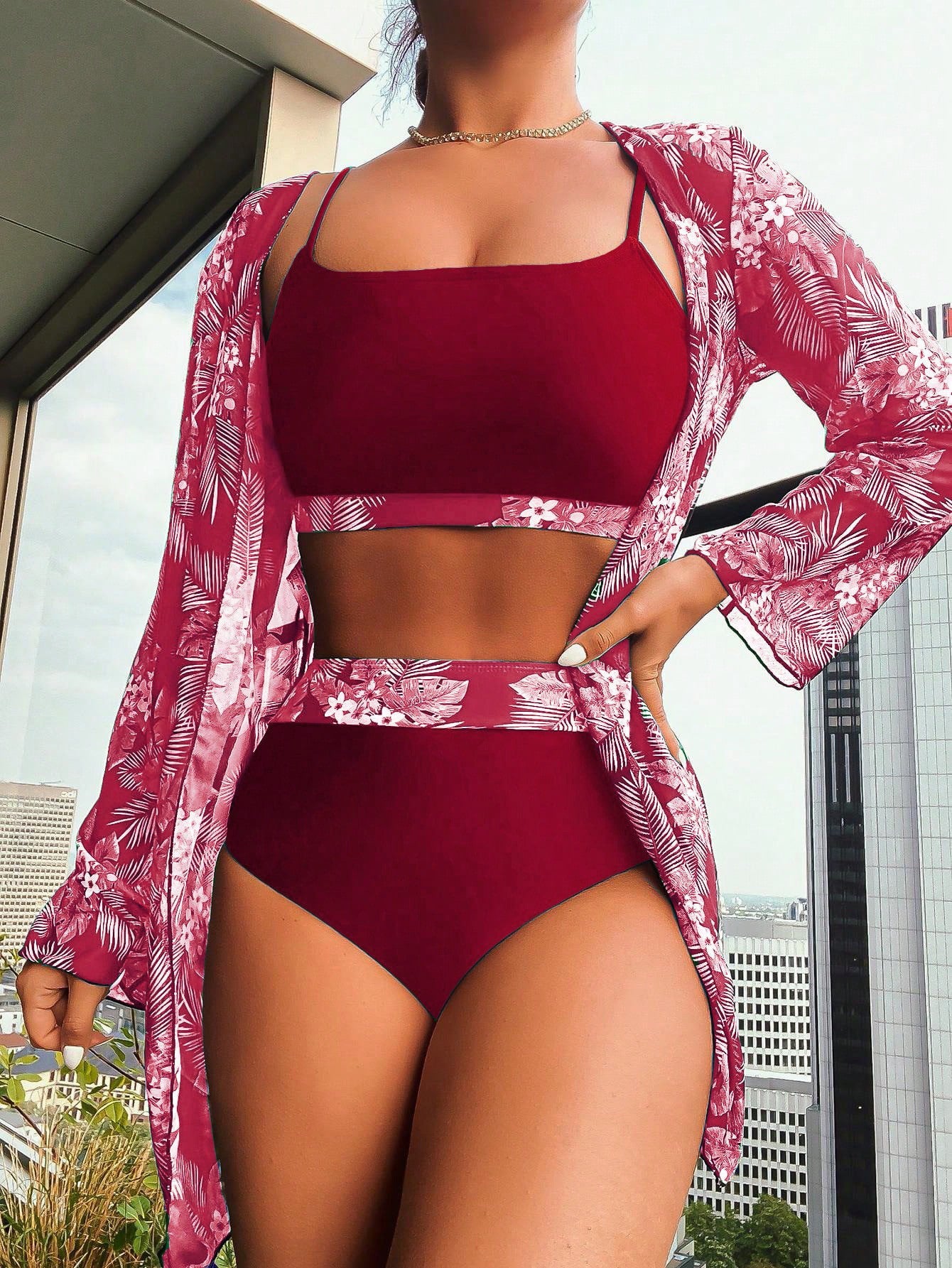 Maple Leaf Conservative Printed Long Sleeve Stitching Three-piece Split Swimsuit