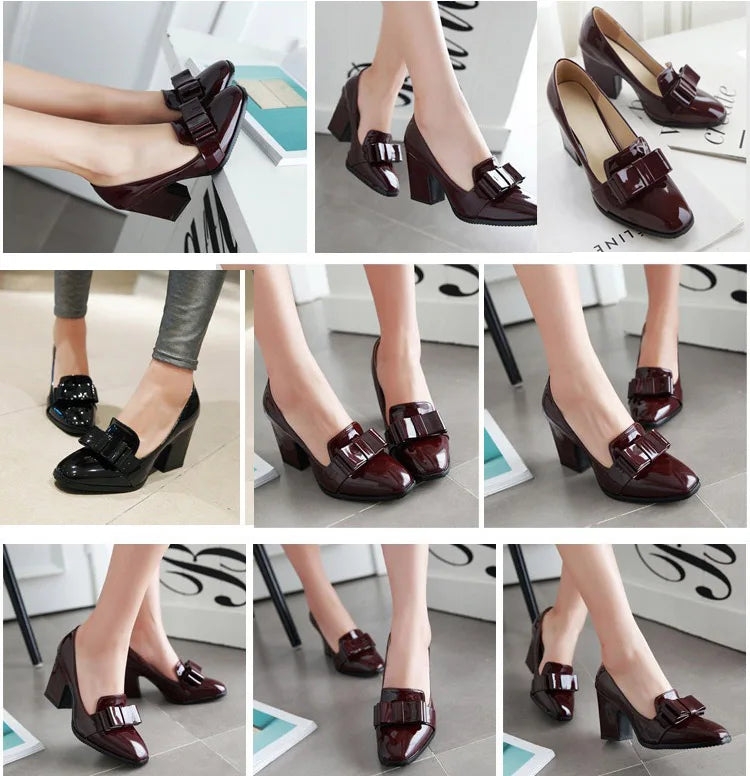 LIHUAMAO Patent leather women shoes loafers high heel pumps