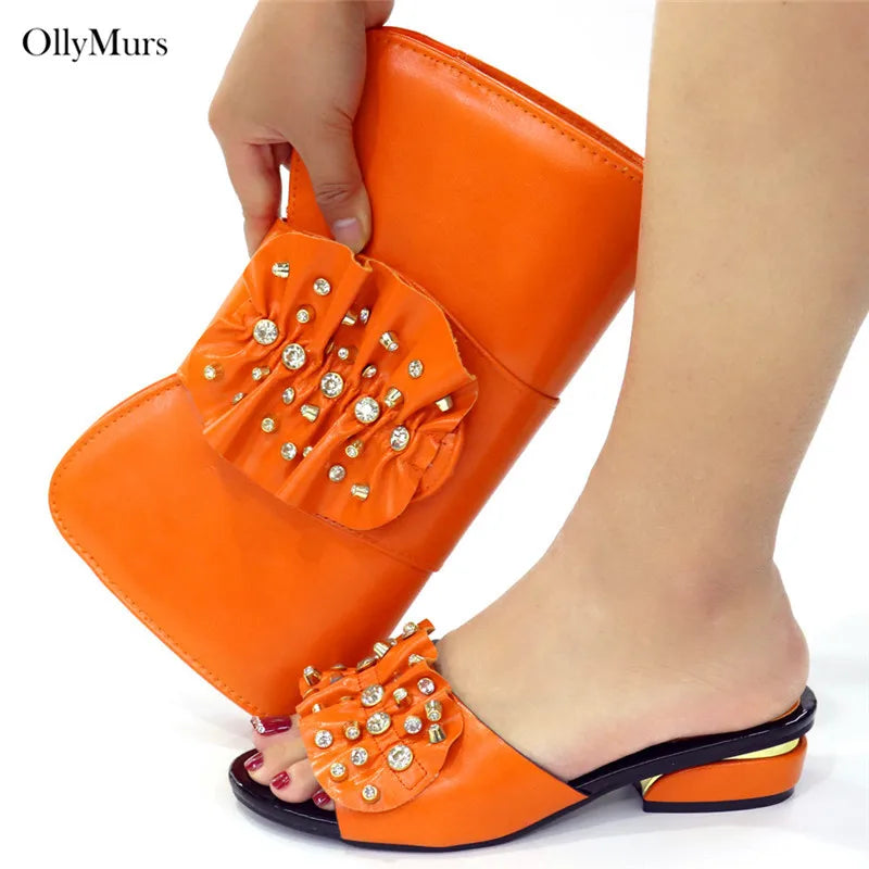 New African Women Shoes And Purse Set Fashion Decorated With Crystal Slipper Shoes And Bag Set For Party On Sale