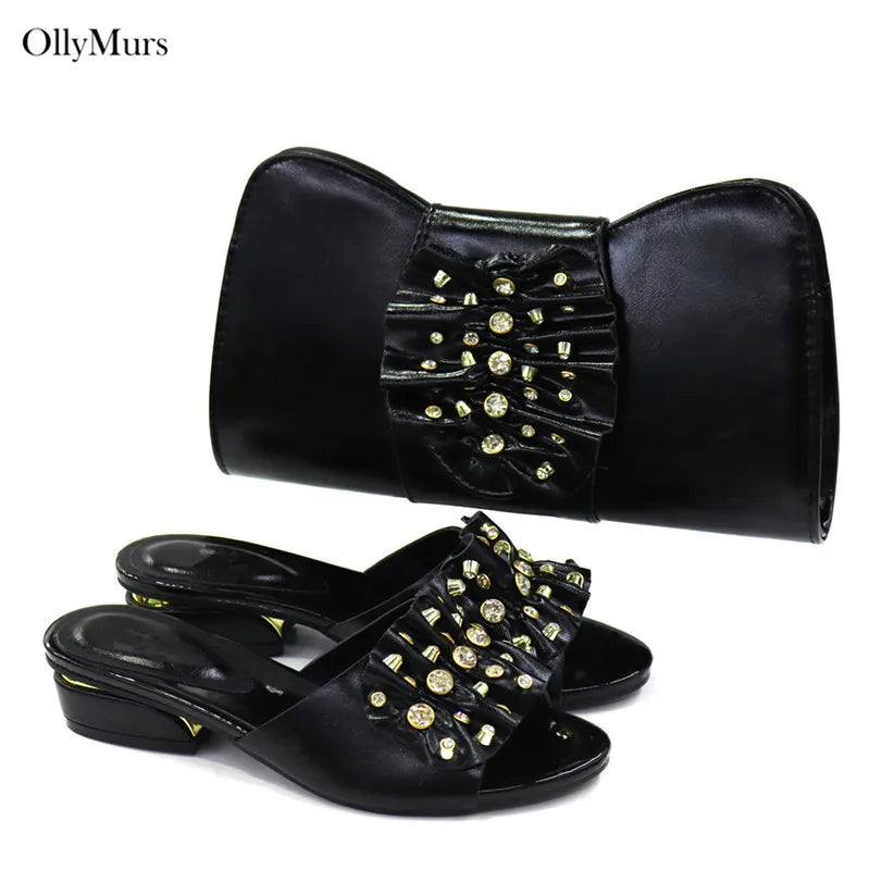 New African Women Shoes And Purse Set Fashion Decorated With Crystal Slipper Shoes And Bag Set For Party On Sale