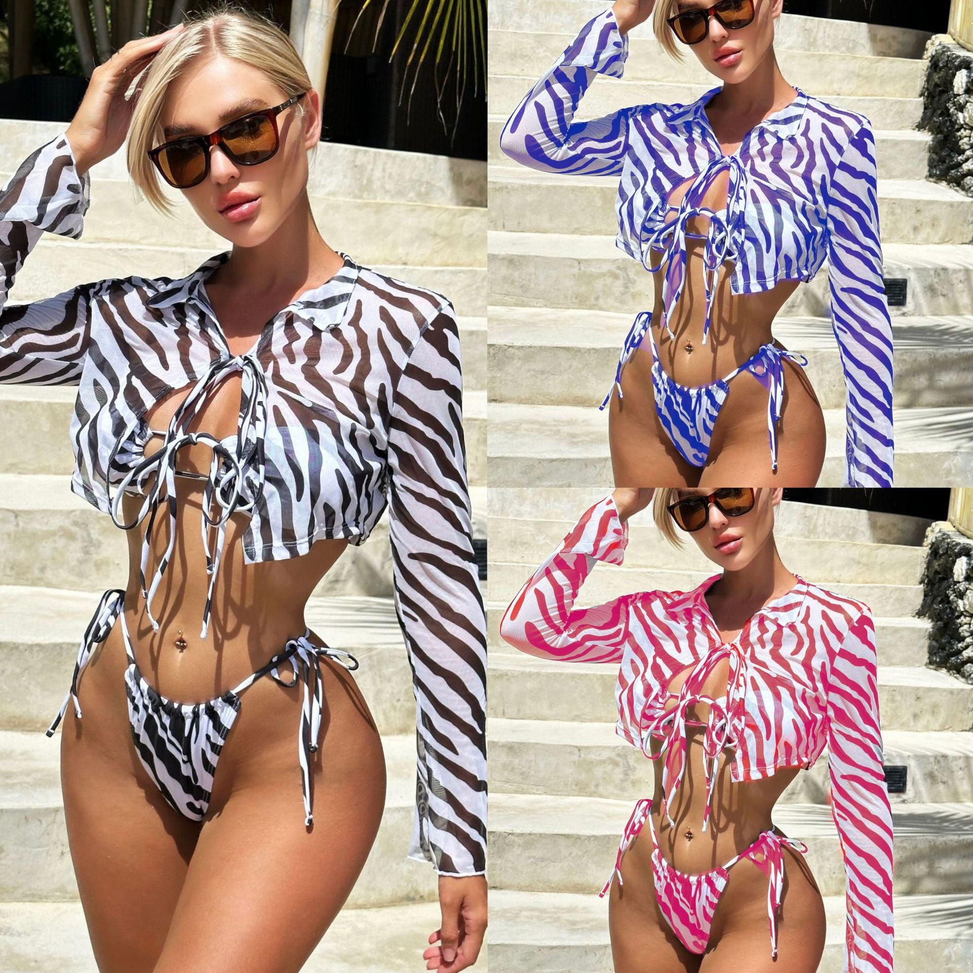 New Striped Printed Shirt Collar Mesh Three-piece Set