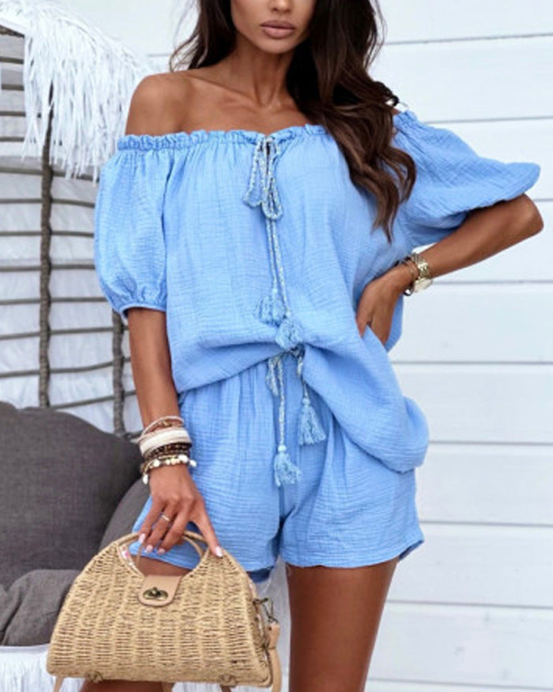 Women's Solid Color Off-shoulder Shorts Suit