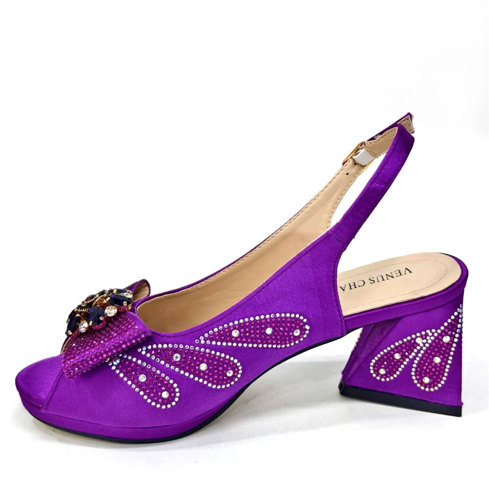 Venus Chan-Italian Shoes and Bags Matching Set for Women Bow Rhinestones Peep Toe High Heels Purple Color Nigerian Party 2024