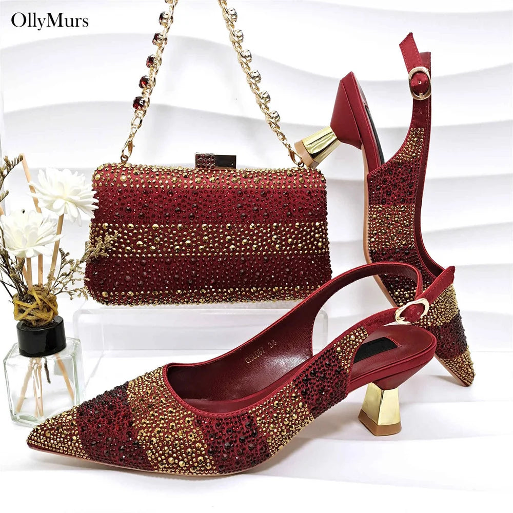 African Design Crystal Sandal Shoes And Purse To Match Set 2024 Hot Sale Ladies High Heels Shoes And Bag Set For Party Dress