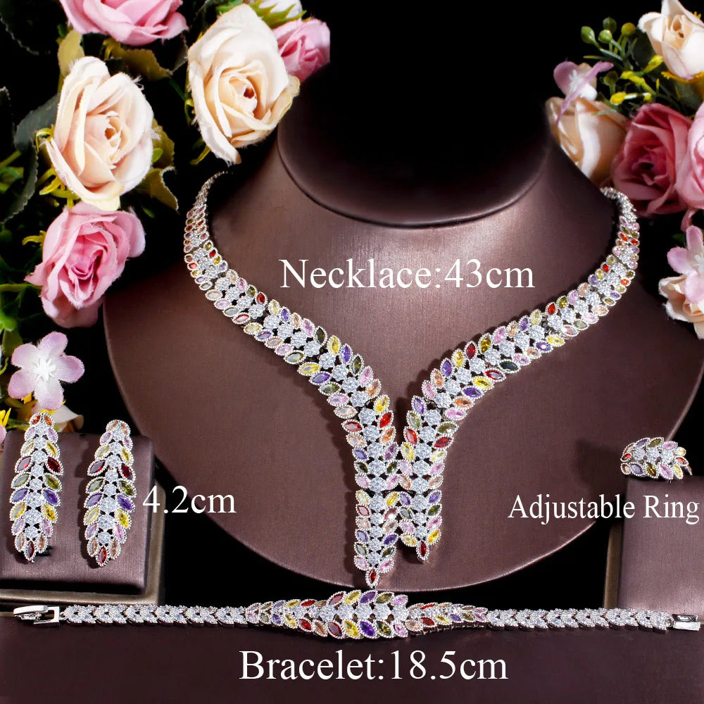 High End Gorgeous Colorful Cubic Zirconia Leaf Shape Big Wedding Party Necklace Bridal 4pcs Jewelry Sets for Women T0854