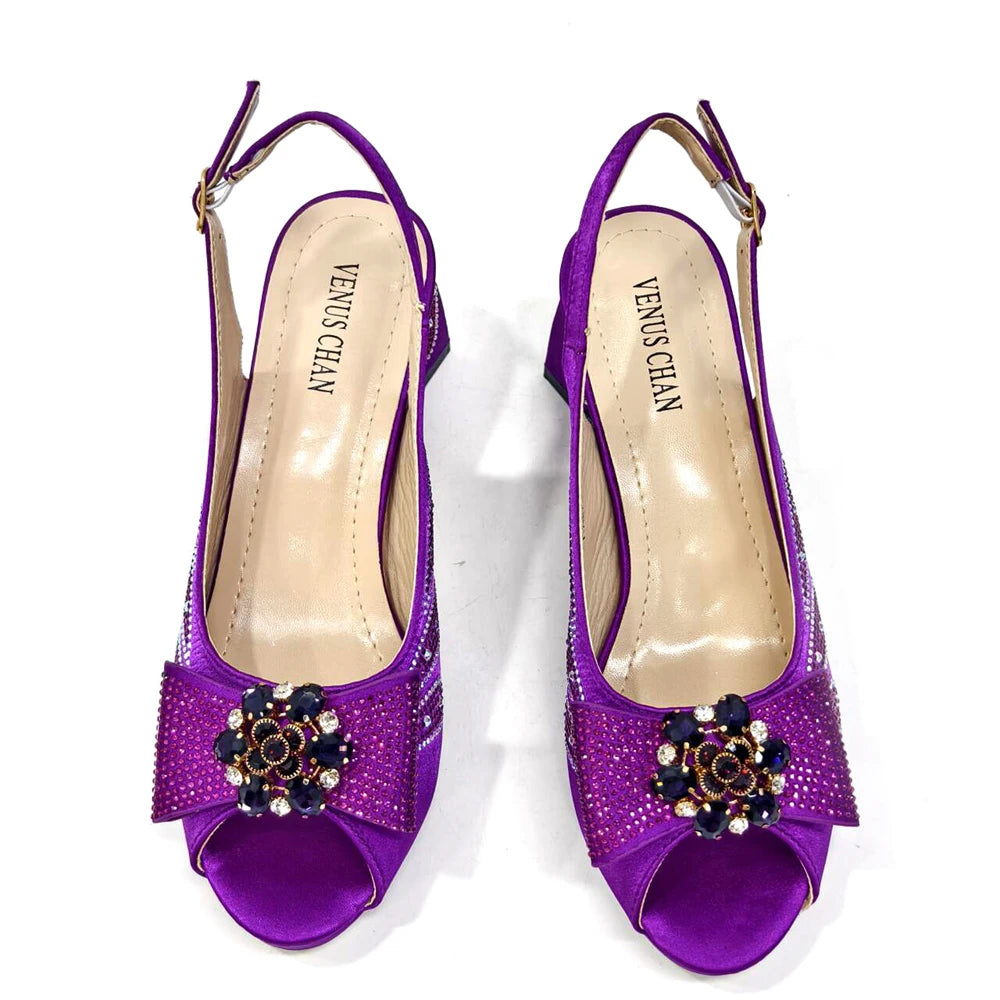 Venus Chan-Italian Shoes and Bags Matching Set for Women Bow Rhinestones Peep Toe High Heels Purple Color Nigerian Party 2024