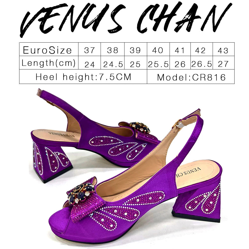 Venus Chan-Italian Shoes and Bags Matching Set for Women Bow Rhinestones Peep Toe High Heels Purple Color Nigerian Party 2024