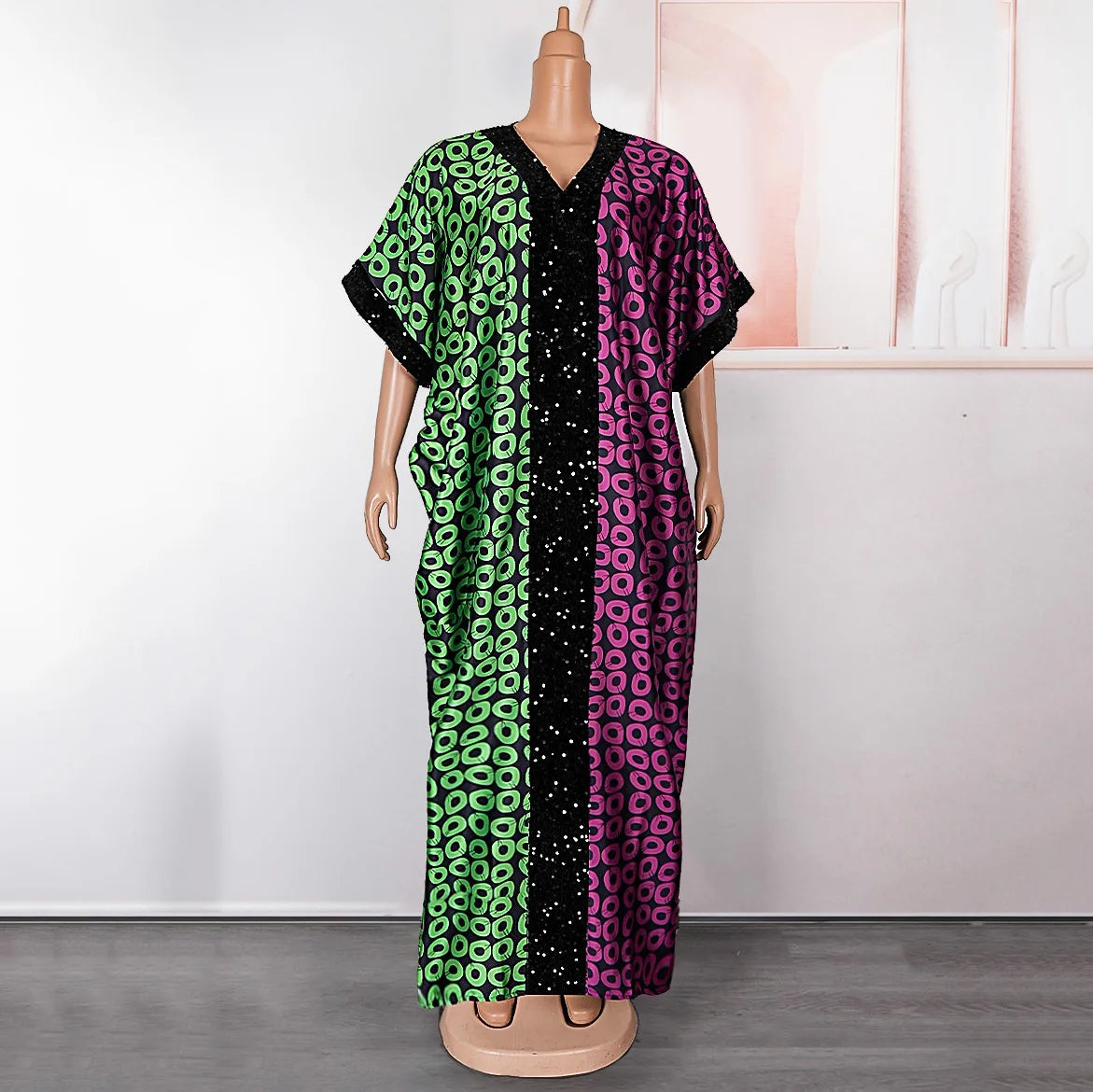 Elegant Long Dress for Women Luxury Printed V Neck Short Sleeve