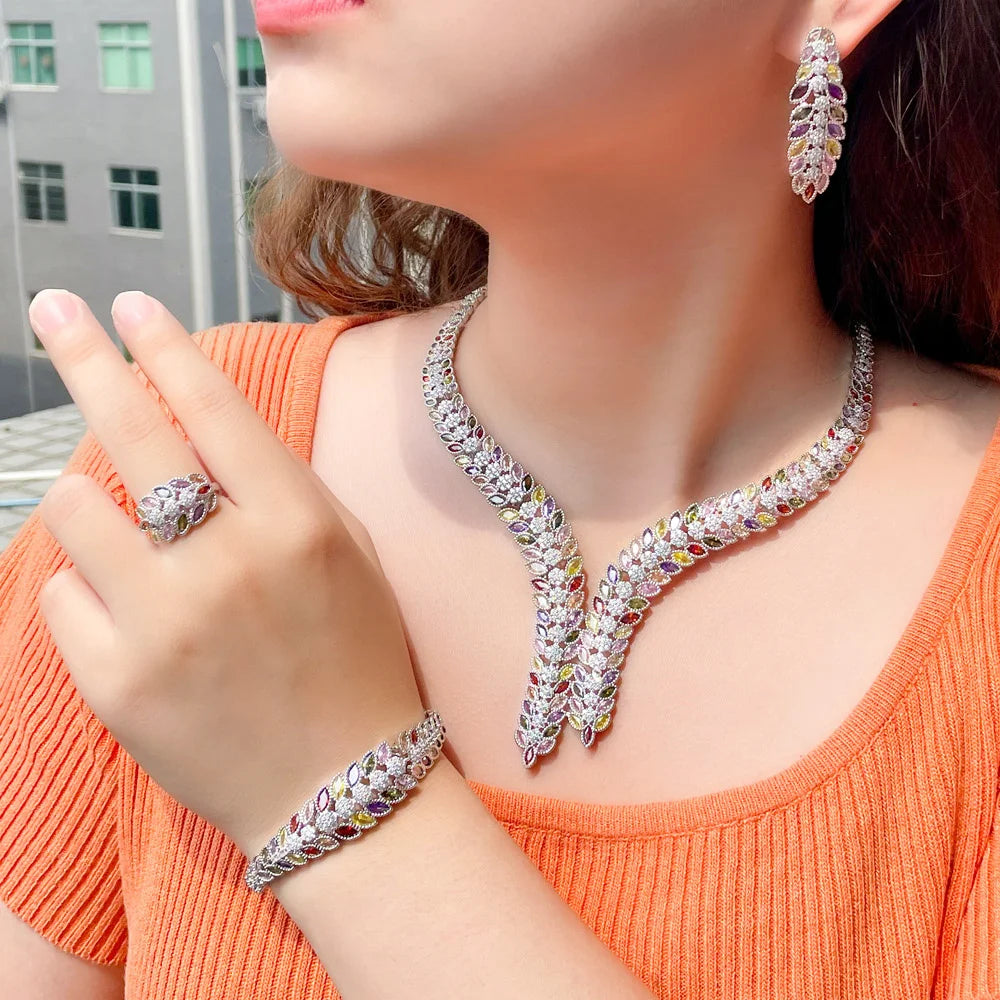 High End Gorgeous Colorful Cubic Zirconia Leaf Shape Big Wedding Party Necklace Bridal 4pcs Jewelry Sets for Women T0854