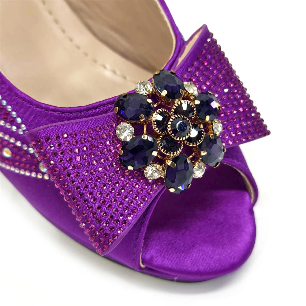 Venus Chan-Italian Shoes and Bags Matching Set for Women Bow Rhinestones Peep Toe High Heels Purple Color Nigerian Party 2024