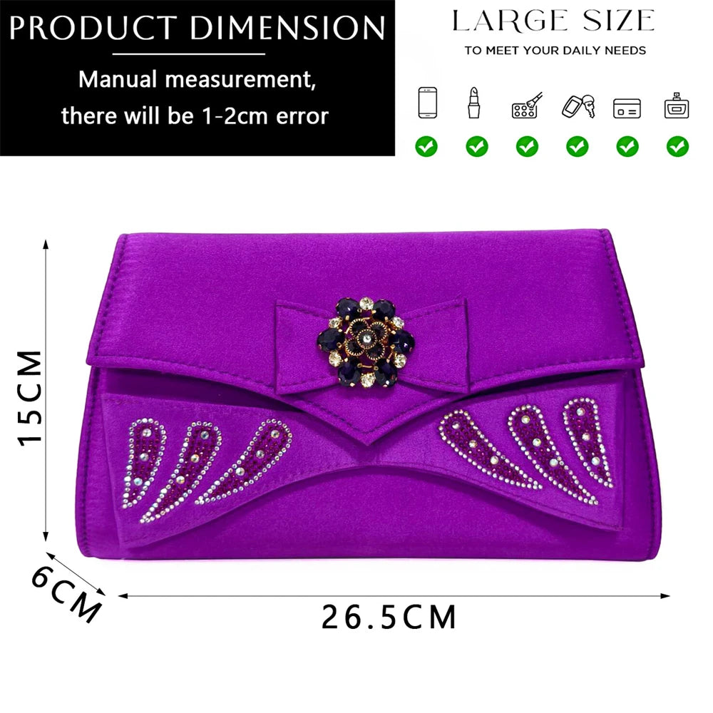 Venus Chan-Italian Shoes and Bags Matching Set for Women Bow Rhinestones Peep Toe High Heels Purple Color Nigerian Party 2024