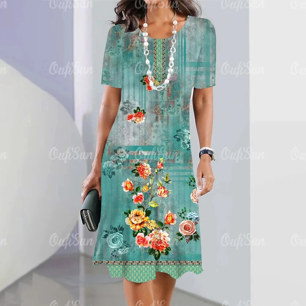 Woman Clothing Short Sleeve Dress Crushed Flowers Dresses