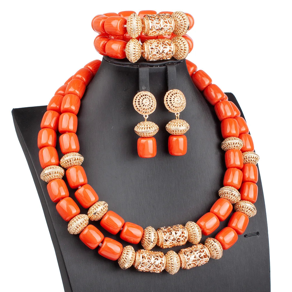 High Quality 2 Layers Artificial Coral Bead African Wedding Jewelry Set