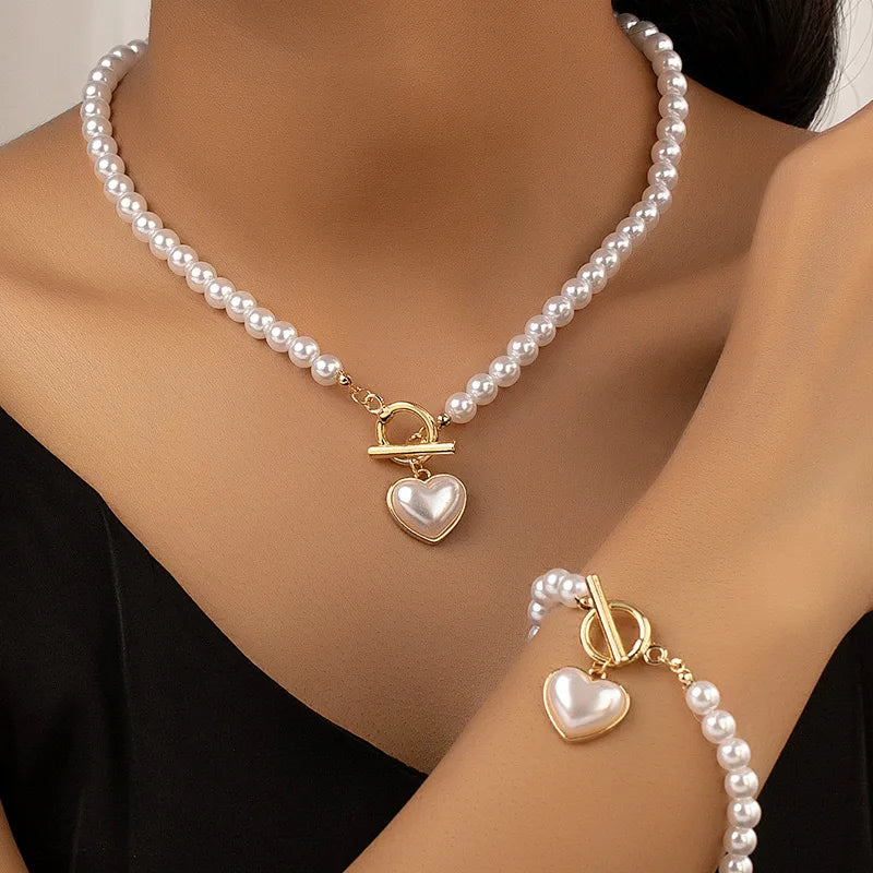 2pcs Elegant Pearl Heart Pendant Necklaces Bracelet Set Women