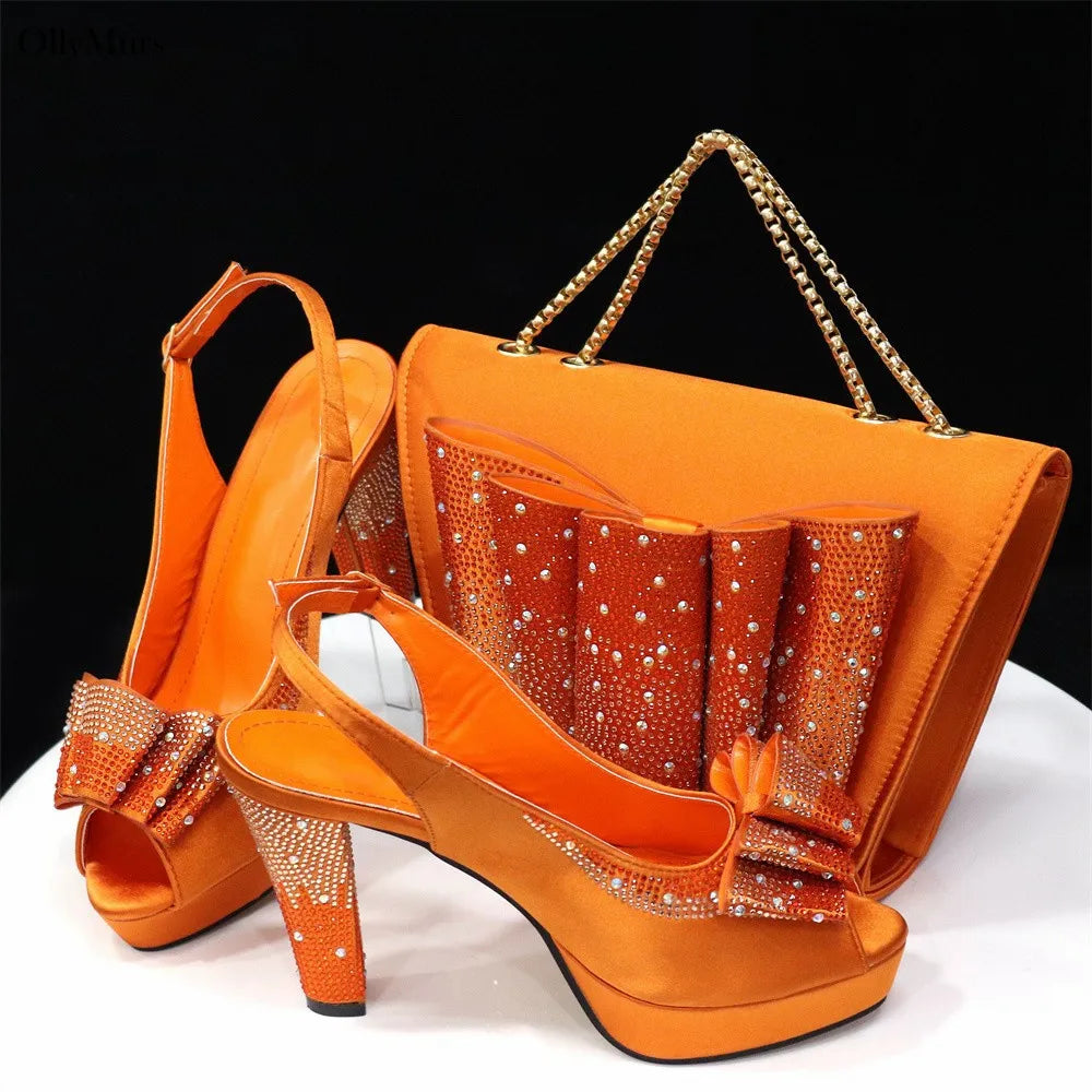 Hot Selling Fashion Yellow Color Women Shoes And Bags To Match Set