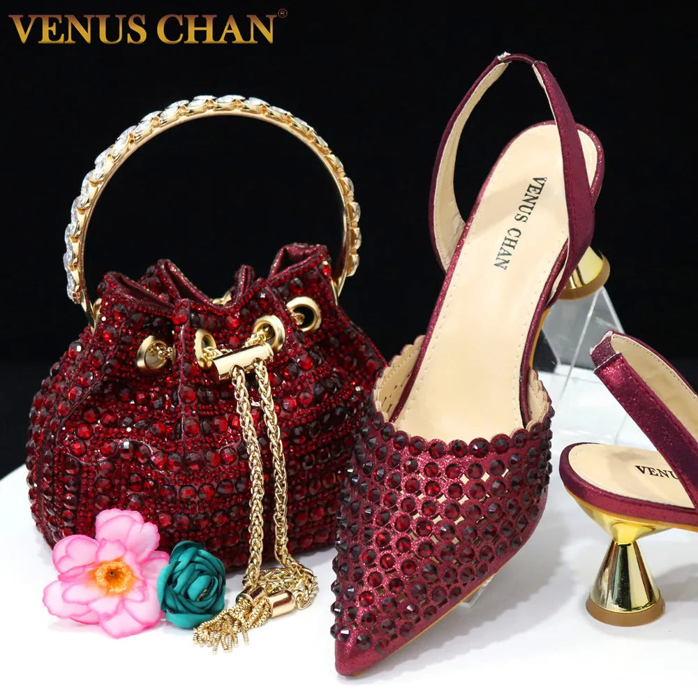 Venus Chan Pointed Toe Heels for Women 2023 Elegant Party Wine Color Full Diamond Pumps Italian Shoes and Bags Matching Set