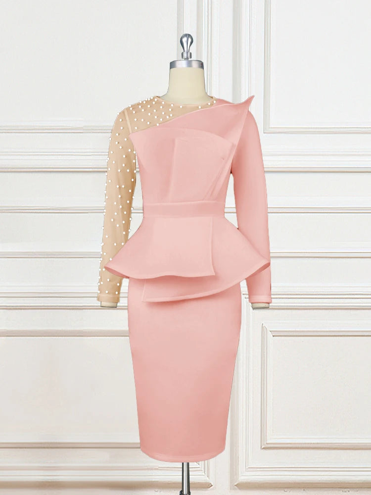 Pink Ruffle Elegant Dress Women Long Sleeve Beaded Mesh Patchwork Peplum Slim Pencil African  Evening Part Church Event Dresses