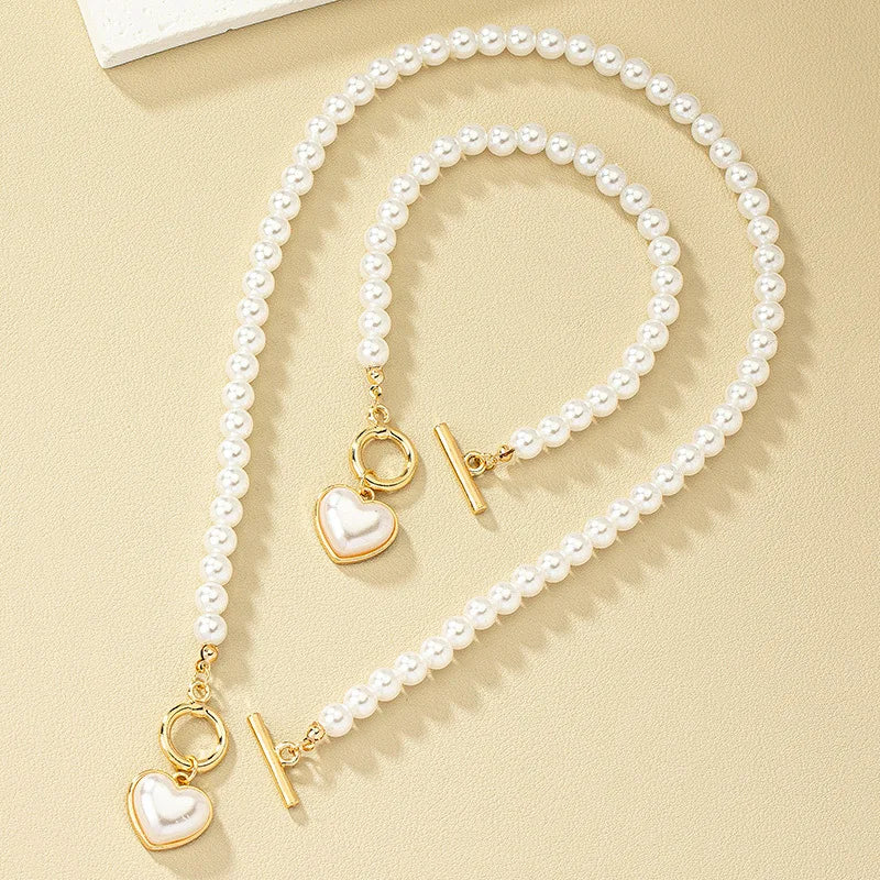 2pcs Elegant Pearl Heart Pendant Necklaces Bracelet Set Women