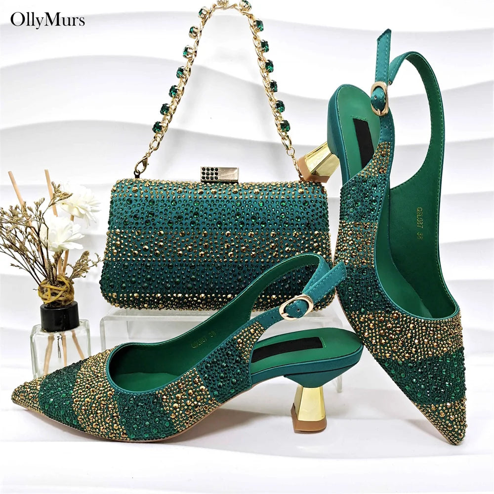 African Design Crystal Sandal Shoes And Purse To Match Set 2024 Hot Sale Ladies High Heels Shoes And Bag Set For Party Dress