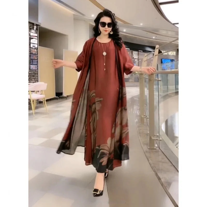 Silk Dress Two-Piece Women's Elegant Floral Plus Size Dress Casual Beach Vintage Long Dress mother dress 2024 Summer New Fashion