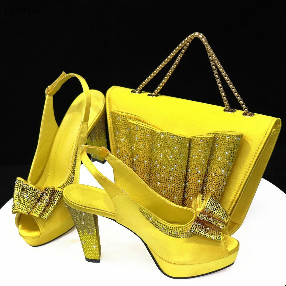 Hot Selling Fashion Yellow Color Women Shoes And Bags To Match Set