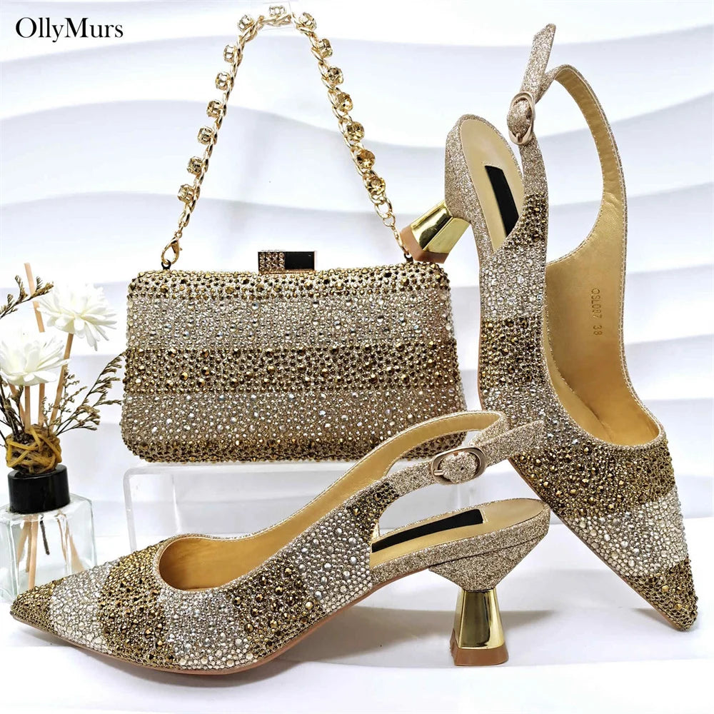 African Design Crystal Sandal Shoes And Purse To Match Set 2024 Hot Sale Ladies High Heels Shoes And Bag Set For Party Dress