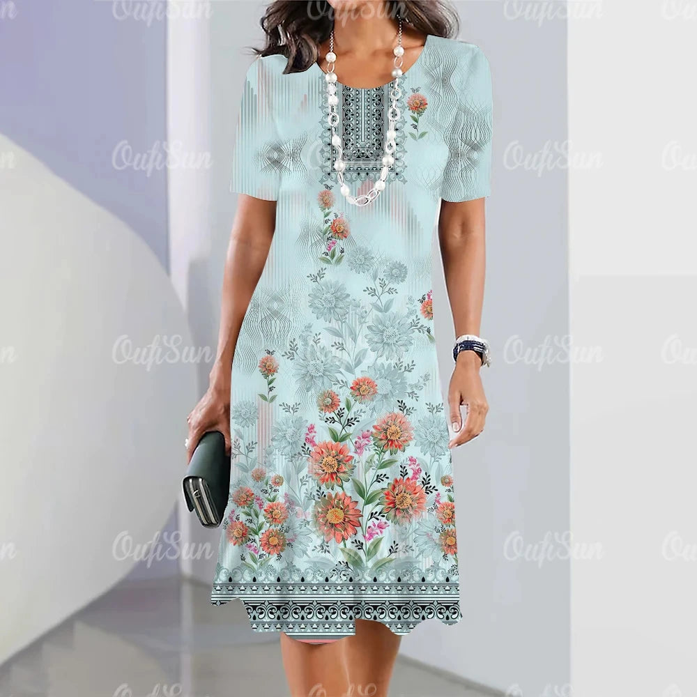 Woman Clothing Short Sleeve Dress Crushed Flowers Dresses