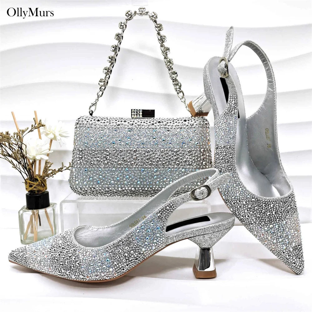 African Design Crystal Sandal Shoes And Purse To Match Set 2024 Hot Sale Ladies High Heels Shoes And Bag Set For Party Dress