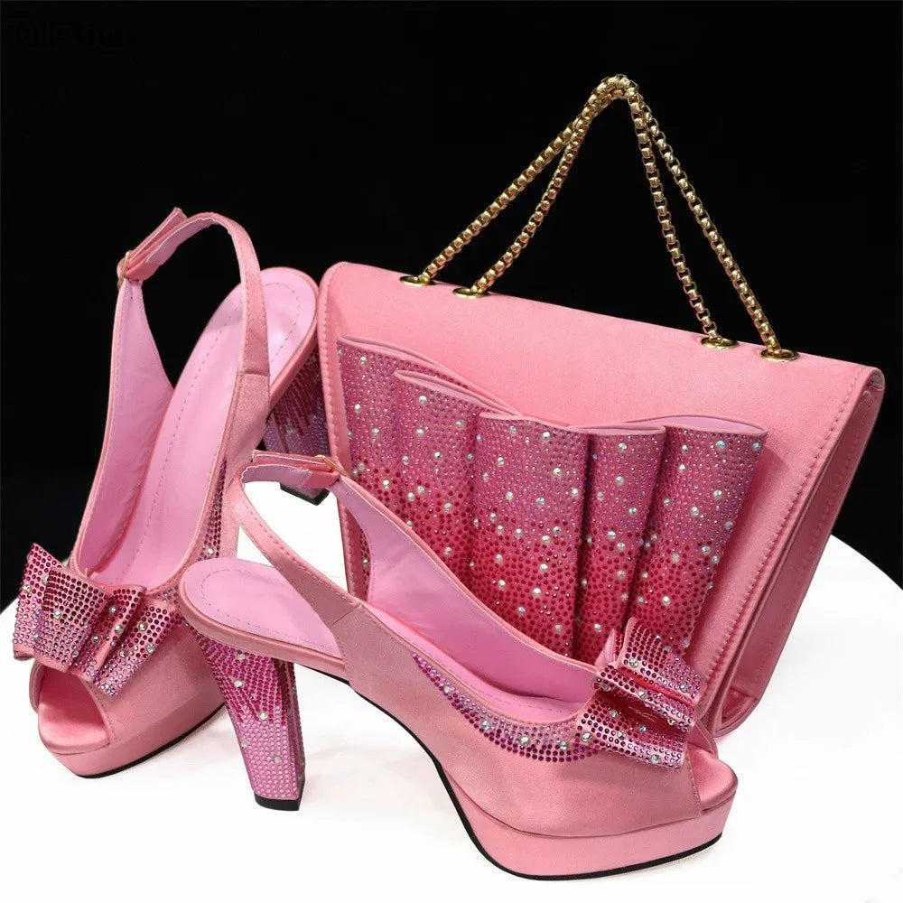 Hot Selling Fashion Yellow Color Women Shoes And Bags To Match Set