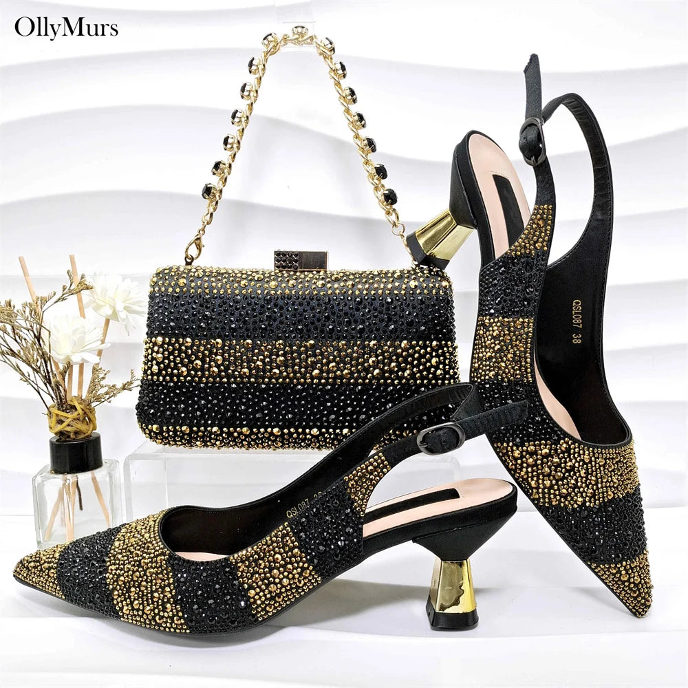 African Design Crystal Sandal Shoes And Purse To Match Set 2024 Hot Sale Ladies High Heels Shoes And Bag Set For Party Dress