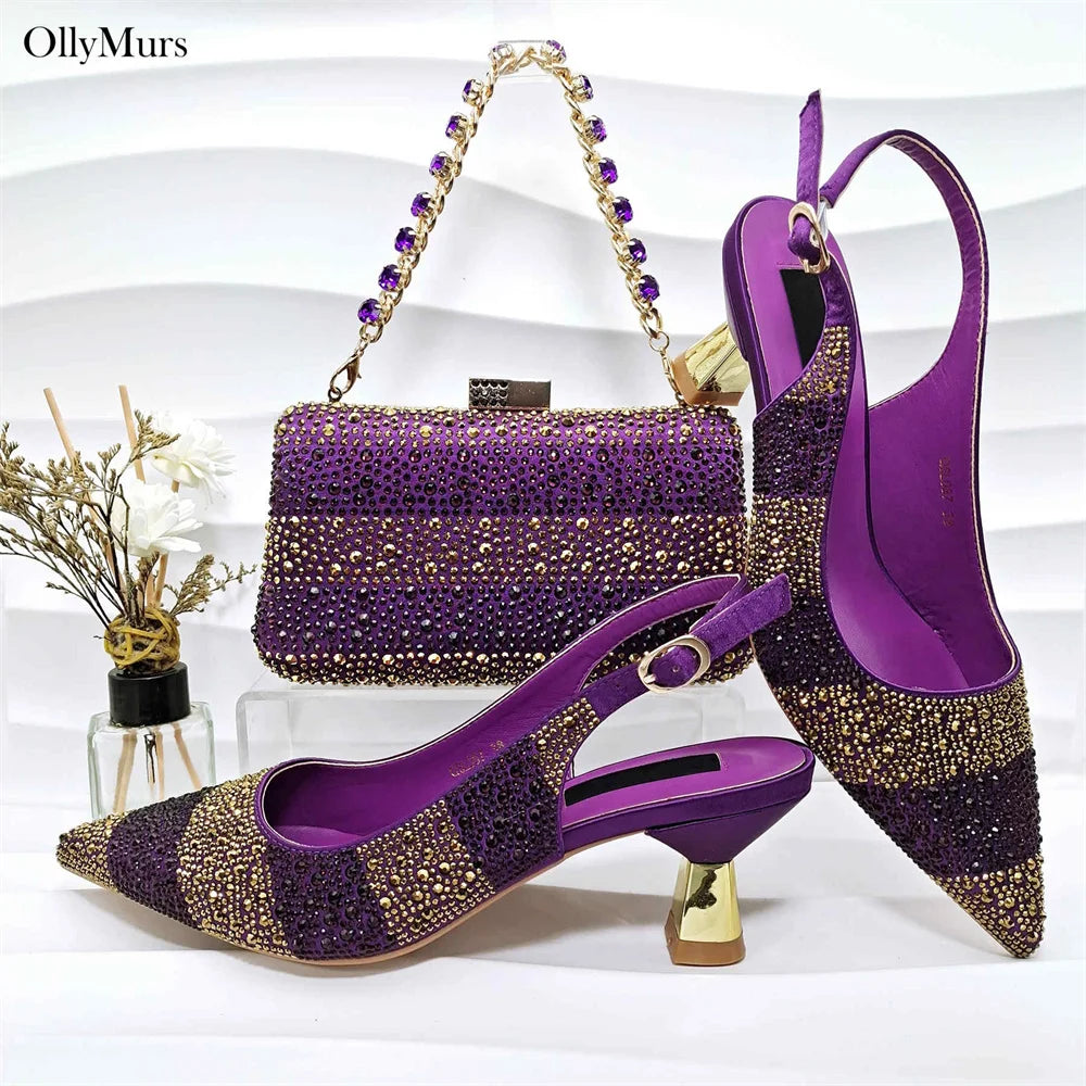 African Design Crystal Sandal Shoes And Purse To Match Set 2024 Hot Sale Ladies High Heels Shoes And Bag Set For Party Dress