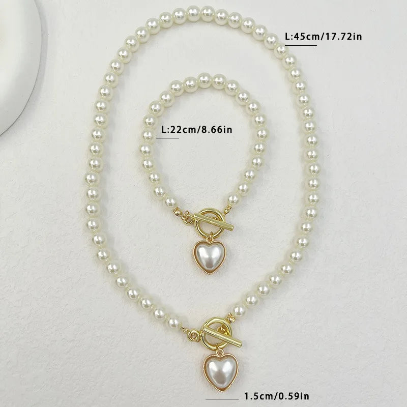 2pcs Elegant Pearl Heart Pendant Necklaces Bracelet Set Women