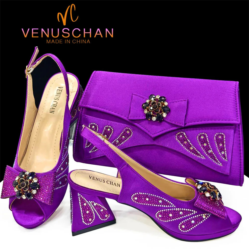 Venus Chan-Italian Shoes and Bags Matching Set for Women Bow Rhinestones Peep Toe High Heels Purple Color Nigerian Party 2024