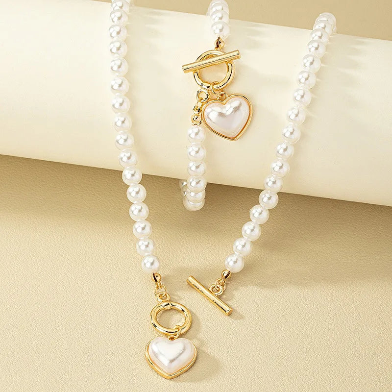 2pcs Elegant Pearl Heart Pendant Necklaces Bracelet Set Women