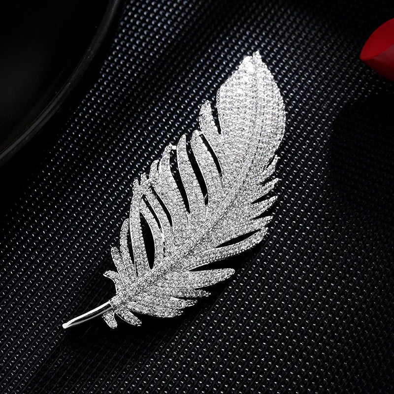 Luxury Copper Micro Inlaid Cubic Zirconia Feather Brooch Women