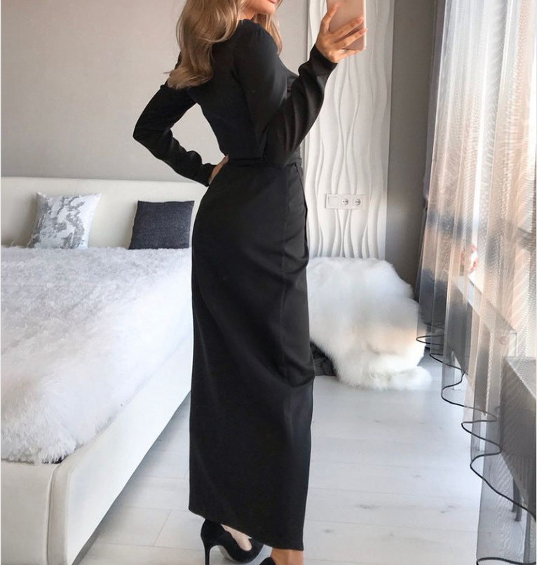 Women's Clothing V-neck Slim-fit Long Sleeve Hip-wrapped Temperament Dress